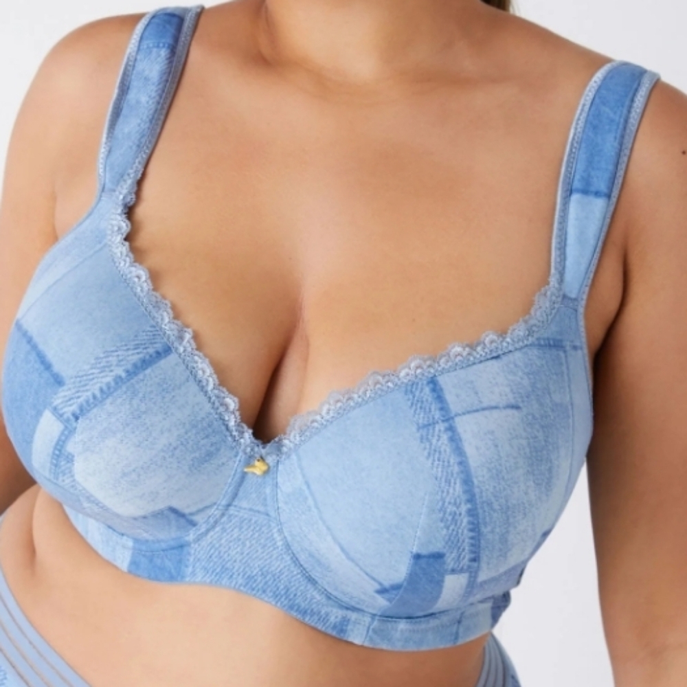 NWT Ashley Stewart Denim Blue Lace Trim Butterfly Bra Size 44DDD